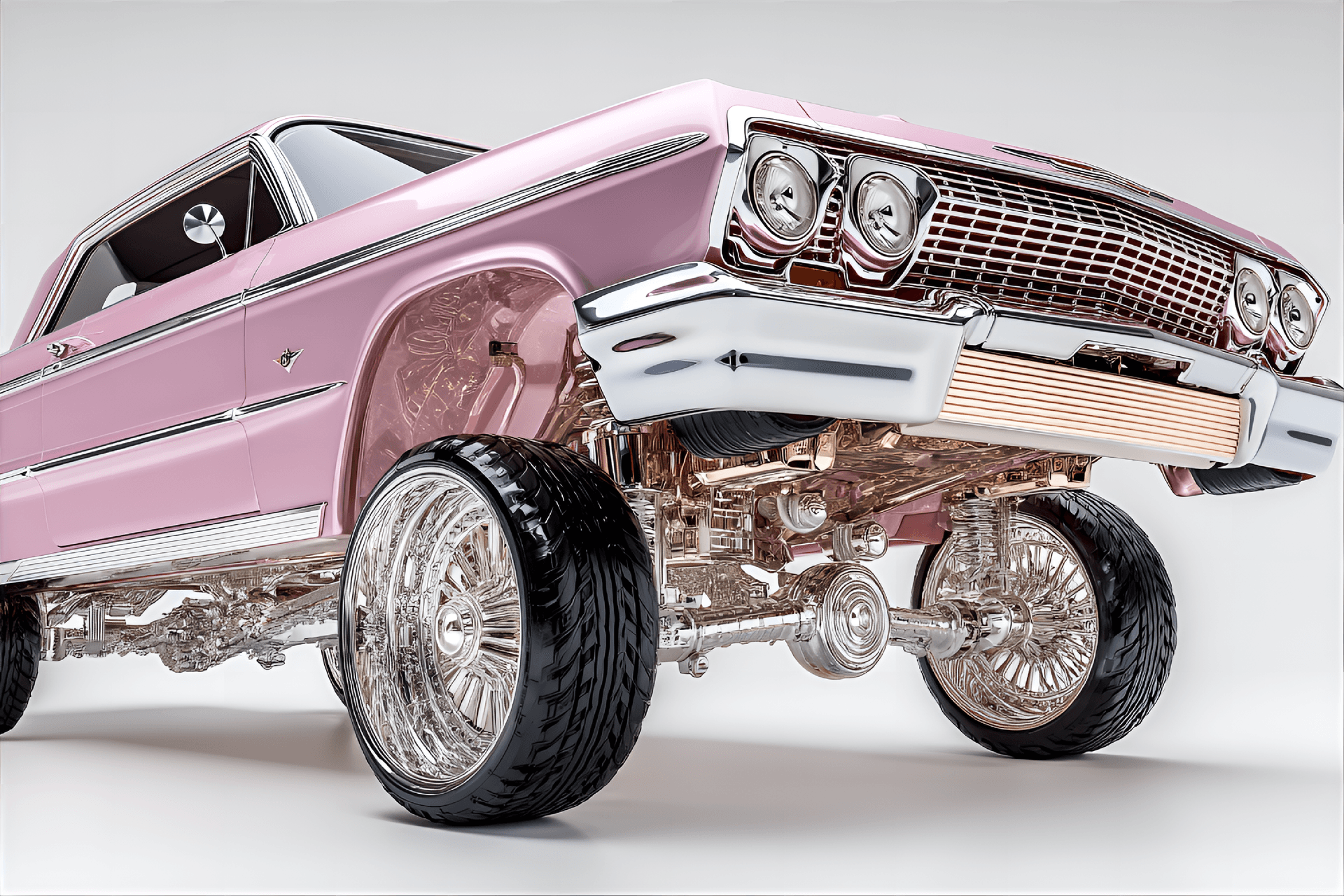 AI generated: highly detailed, low-angle view of a classic 1960s Chevrolet Impala lowrider car painted in glossy p...