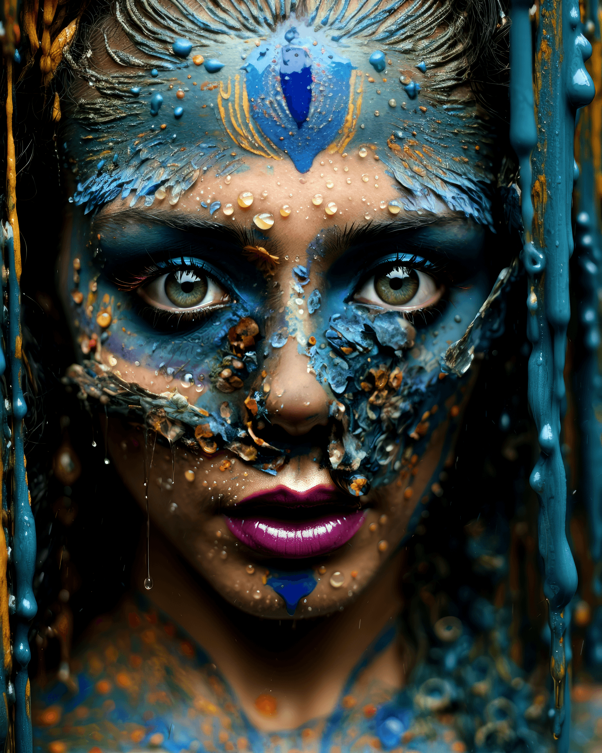 AI generated: a woman has glittering eye makeup with pins, in the style of fantastical contraptions, stanley kubri...