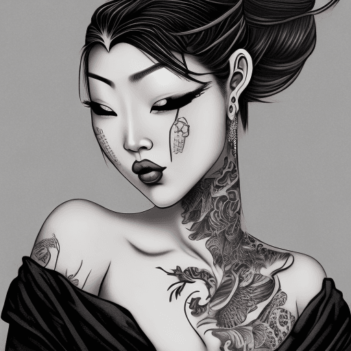 AI generated: a woman a tattoo on her arm and shoulder, in the style of mysterious beauty, algeapunk, asian-inspir...