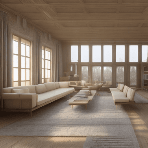 AI generated: High resolution photography interior design, dreamy sunken living room conversation pit, wooden floo...
