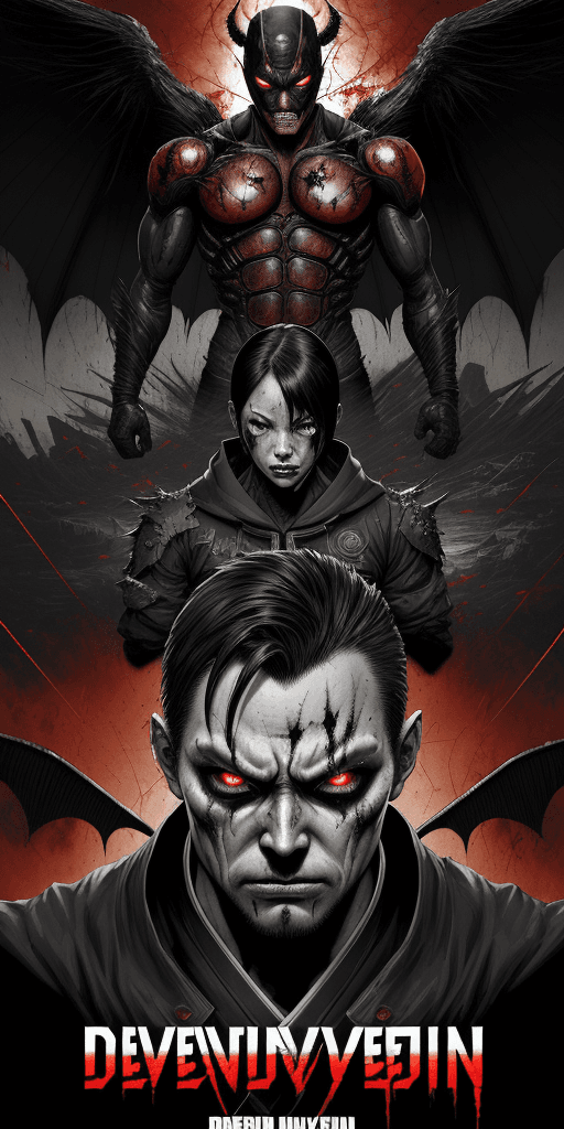 AI generated: Overlay Japanese type comic. A 16k LANDSCAPE poster of a random evil vanquished superhero, demon win...
