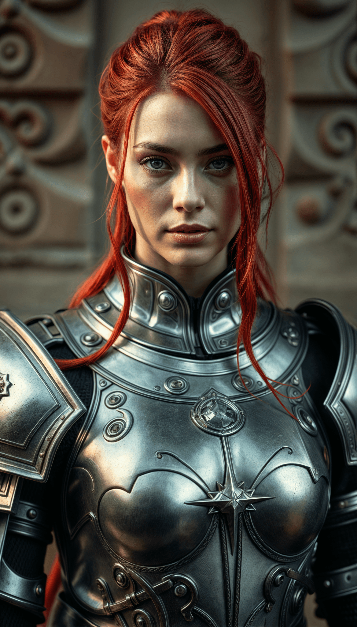 AI generated: photo-realistic portrait of a female in silver medieval armor, fine realistic neon red hair, attract...