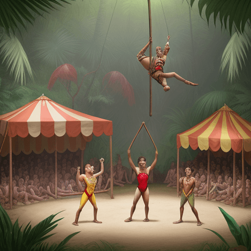 AI generated: circus show in the jungle. Some of them are acrobats, others are jugglers. It's summer and it's hot....
