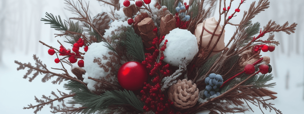 AI generated: sky, forest, branches, cones, red winter berries, cinnamon sticks, New Year's balls and spruce branc...
