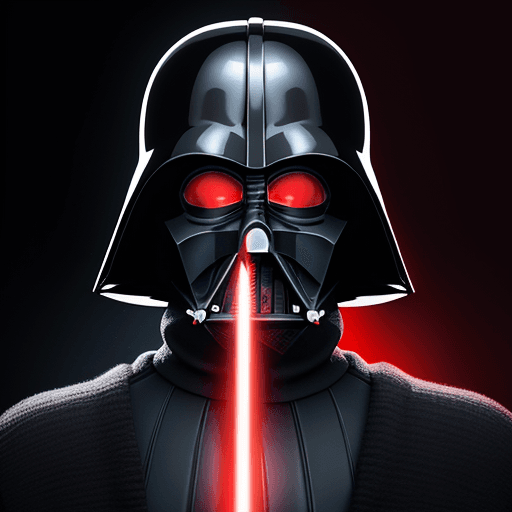 AI generated: frontal editorial fashion portrait of a male darth vader helmet in a black large-knit turtleneck swe...