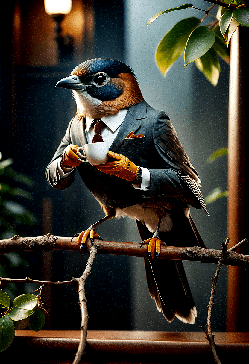 AI generated: The image features a bird perched on a branch, dressed in a suit and tie. The bird is holding a cup ...