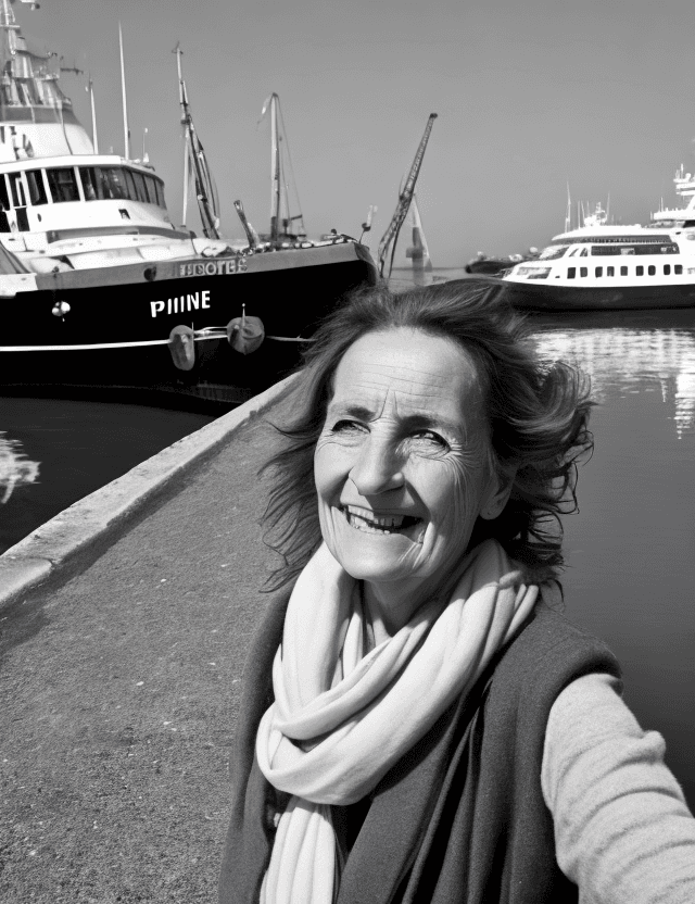 AI generated: vieille femme, debout, souriant, seule, belle, rassurante, photographie noir et blanc détaillée,  pi...