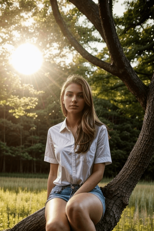 AI generated: masterpiece, photograph, sun in frame, bokeh, 20 year old woman, sitting on a thick branch of a tree...