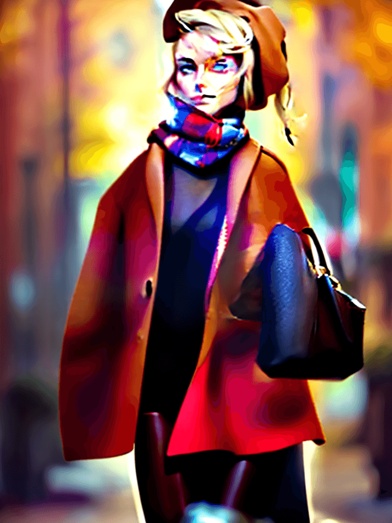 AI generated: The image features a woman walking down the street, wearing fall outfit, a red scarf and a black coa...
