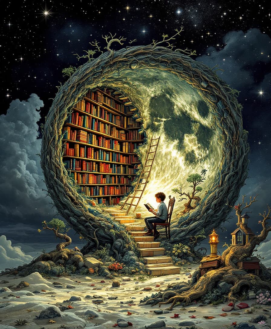 AI generated: The Number 8: A library made of the moon, Mid shot enchanted library hidden within the moon, creativ...