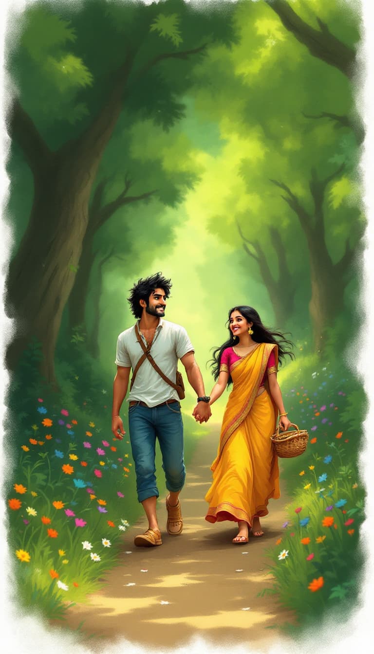 AI generated: "Depict Rohan and Meera walking hand-in-hand on a narrow forest path. The path is lined with colorfu...