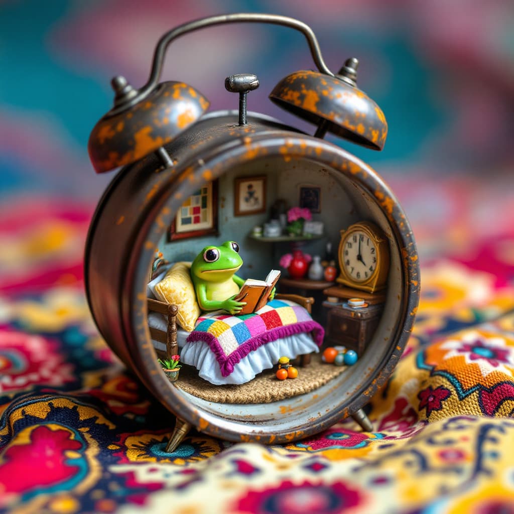 AI generated: An old, rusted alarm clock with its front face removed, revealing a miniature scene inside. The inte...