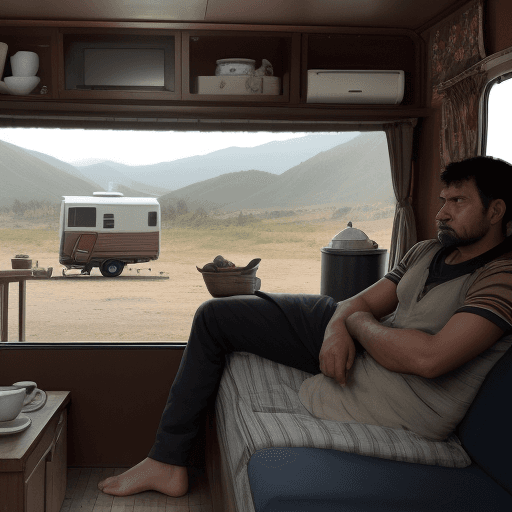 AI generated:  man sitting in front of a caravan, open fire, cokking coffee, sunset in background