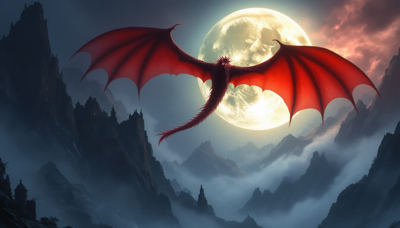 AI generated: A colossal crimson dragon flies high in the night sky, silhouetted against a massive, glowing full m...