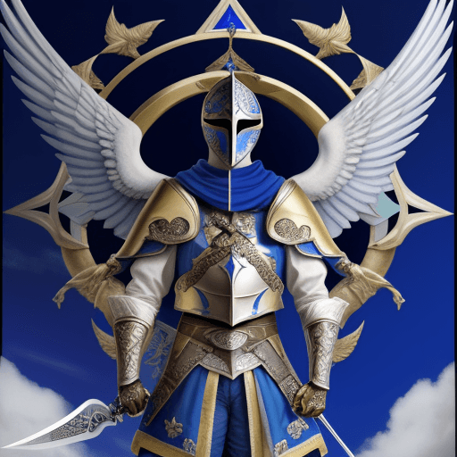 AI generated: arcangel miguel con alas, armadura dorada, espada con rayo azul, escudo protector, 