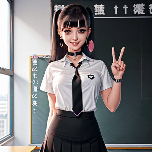 AI generated: best quality, 1 girl, standing, grin, peace sign, earrings, (barbell piercing), looking at viewer, c...