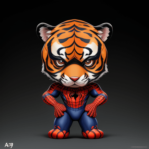 AI generated: Puppy tiger with coustume spiderman, elegant computer geek, chibi and real style, masterpiece, reali...