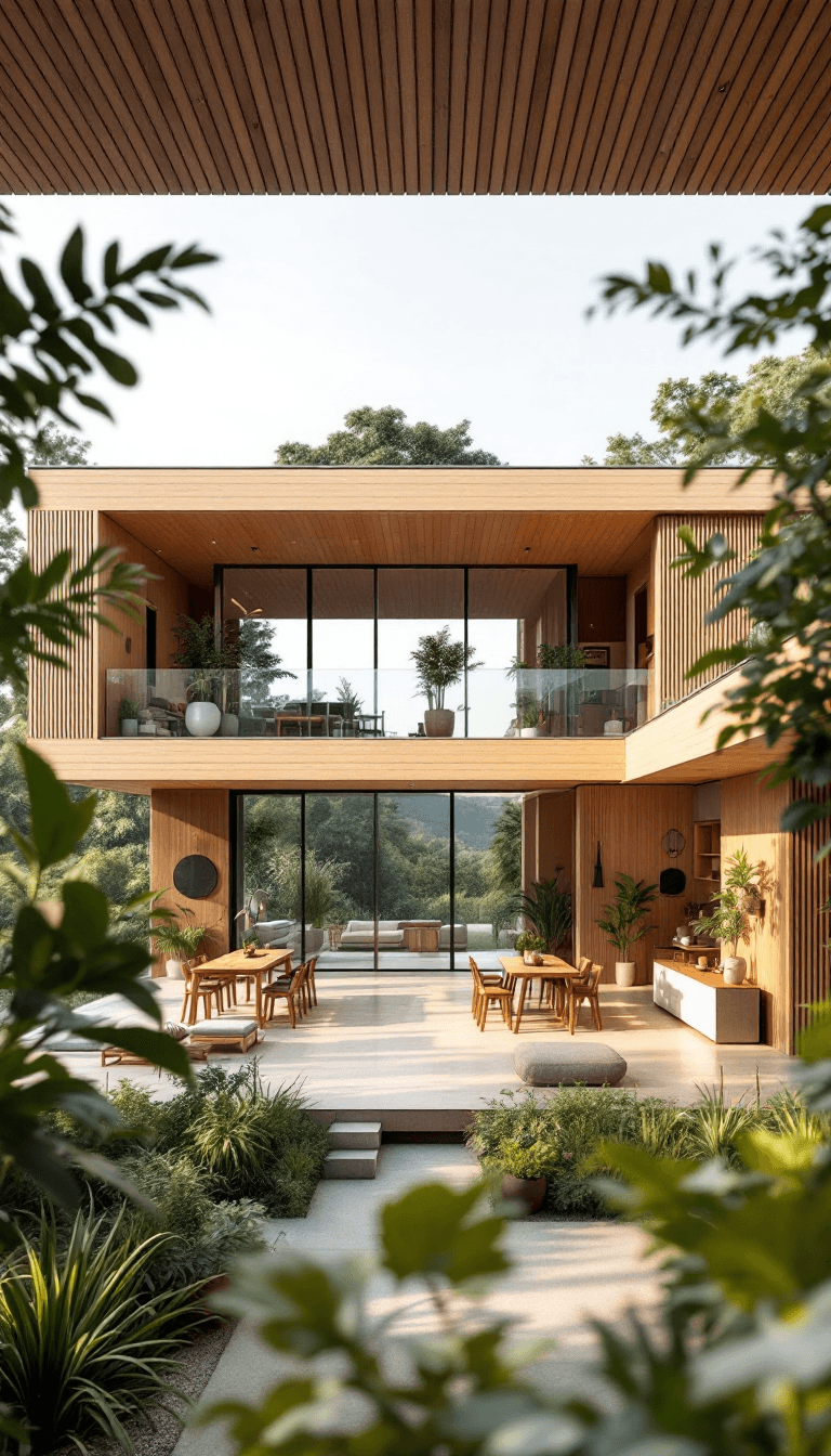 AI generated: A wide-angle shot of a two-story modern cottage house, with the second floor stretching across in wi...