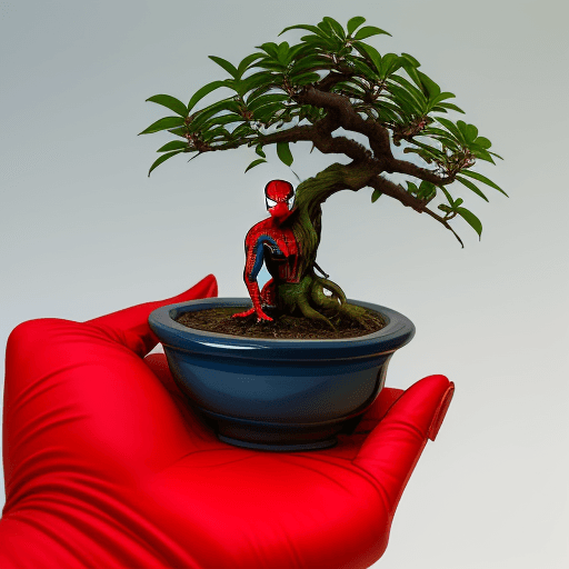 AI generated: spider man two hand hold bonsai