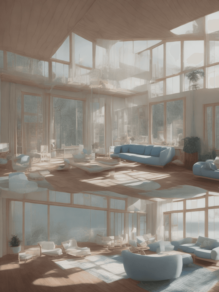 AI generated: High resolution photography interior design, dreamy sunken living room conversation pit, wooden floo...