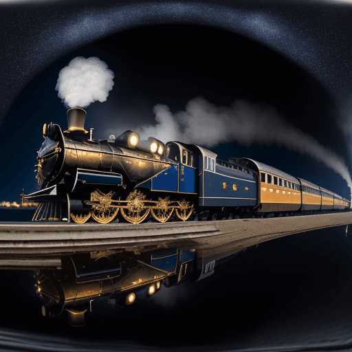AI generated: A steel-blue steam train crossing a bridge, golden windows, stars and moon in black sky, water refle...