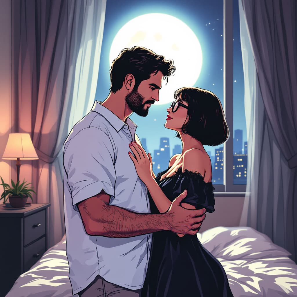AI generated: Create a romantic 90s comic book style image of a couple dancing in a bedroom. The man, in his 40s w...