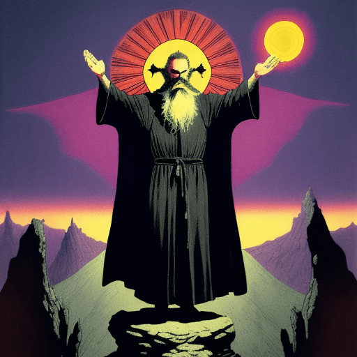 AI generated: 1970s dark fantasy, a vintage tarot card depicting an old man with long beard and black robes standi...