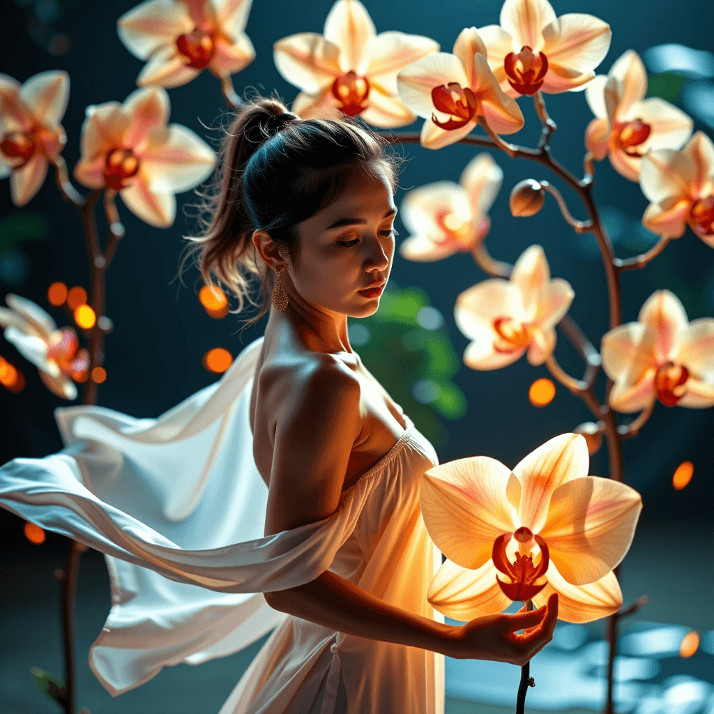 AI generated: A DSLR-quality, 8K triple exposure photograph capturing an ethereal dancer. She is adorned in gracef...