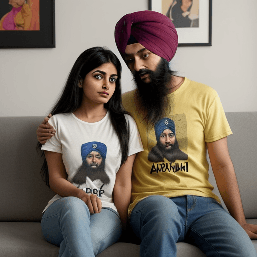 AI generated: a punjabi woman, with long hair with in jeans, and 
a sikh boy, both wearing same tshirt "ARSH" writ...