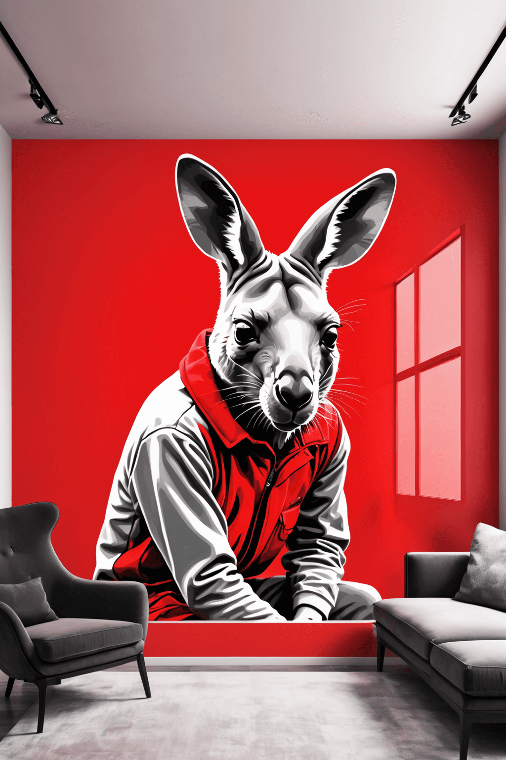 AI generated: kangaroo painting mural, High saturation photography, digital manipulation, contemporary era, red mo...