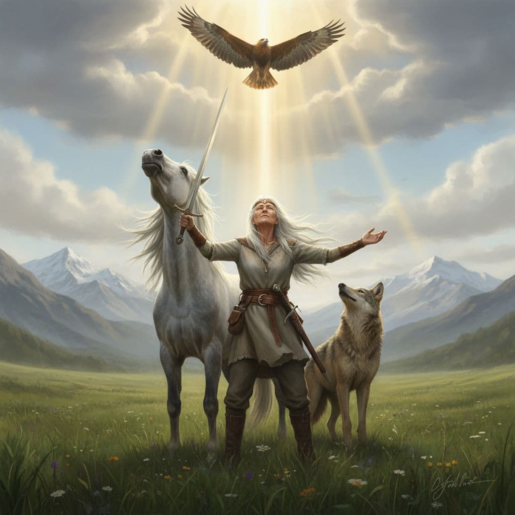 AI generated: old woman, standing, wearing belted tunic, one sword raised, other arm raised, looking up, eyes clos...