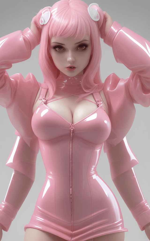 AI generated: high-resolution glitchcore, full-close photo of an attractive dd-cup woman wearing a pink latex mini...