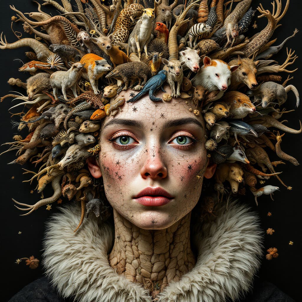 AI generated: a portrait a highly detailed, surreal portrait of a person composed entirely of various species anim...
