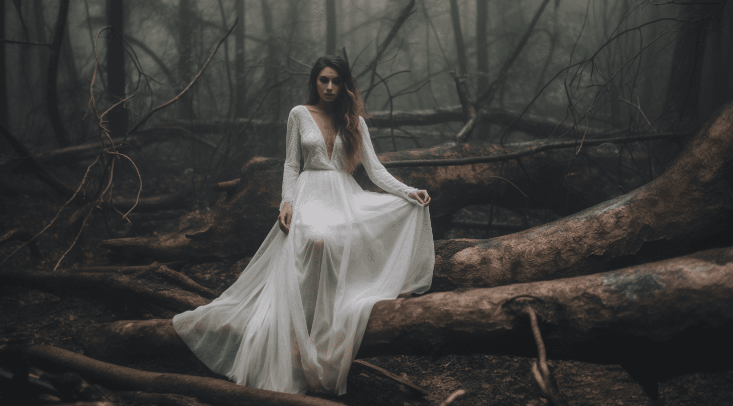 AI generated: Fashion Photoshoot on a eerie foggy woods, a porcelain doll wearing a white torn dirty wedding dress...
