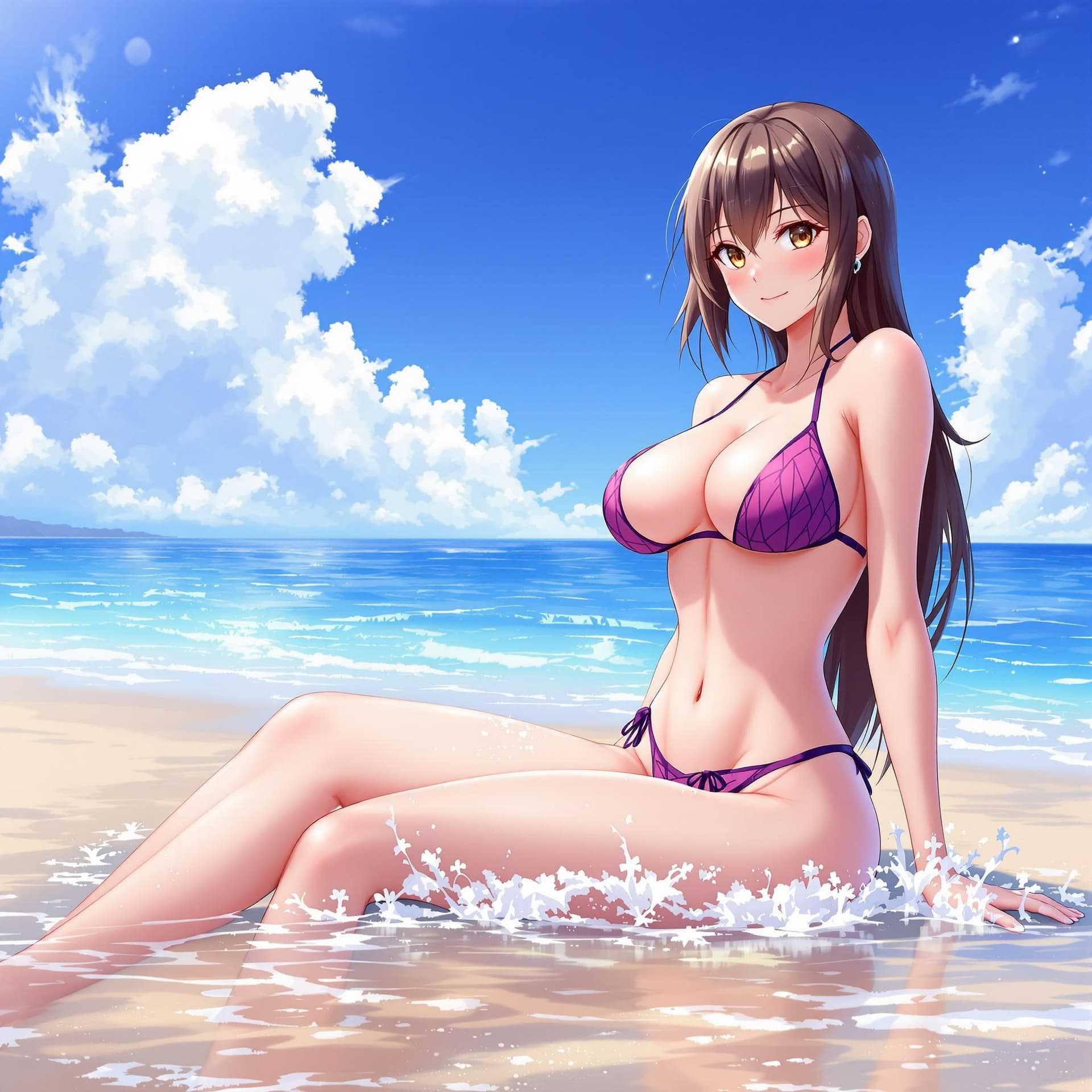 AI generated: Anime girl, in a beach, wearing a bikini, big chest, wet, spread legs, cute