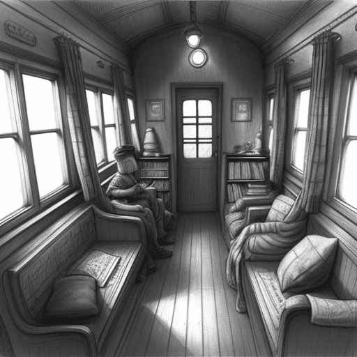 AI generated: Easy pencil drawing of the inside of a quaint cozy TRAIN  cabin, of the style of Harry Potter, but t...
