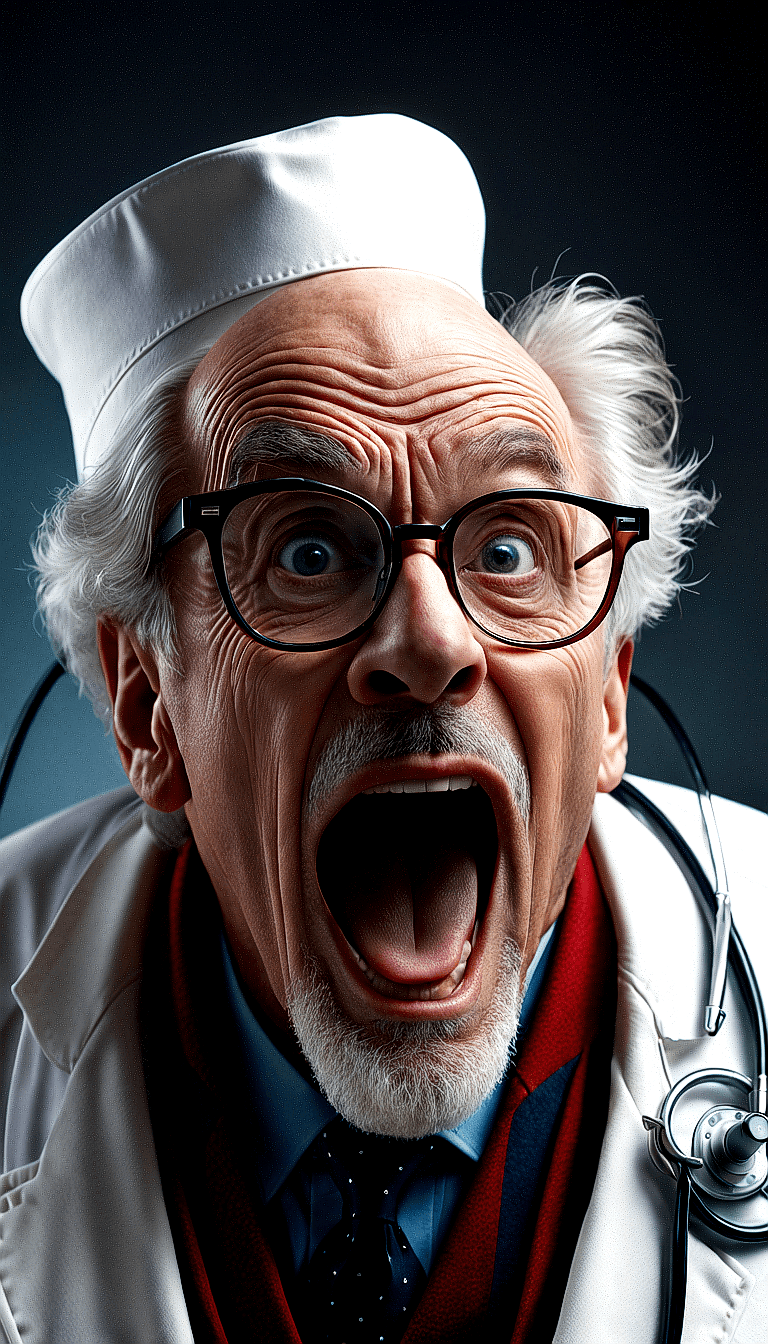 AI generated: The image features an older man wearing a white hat and a white coat, with a stethoscope around his ...