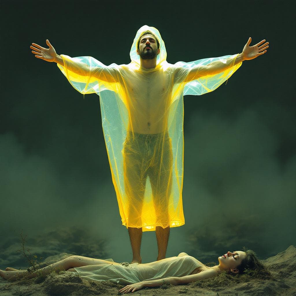 AI generated: A man stands with his arms outstretched. He is inside an energy condom. A sleeping woman lies on the...