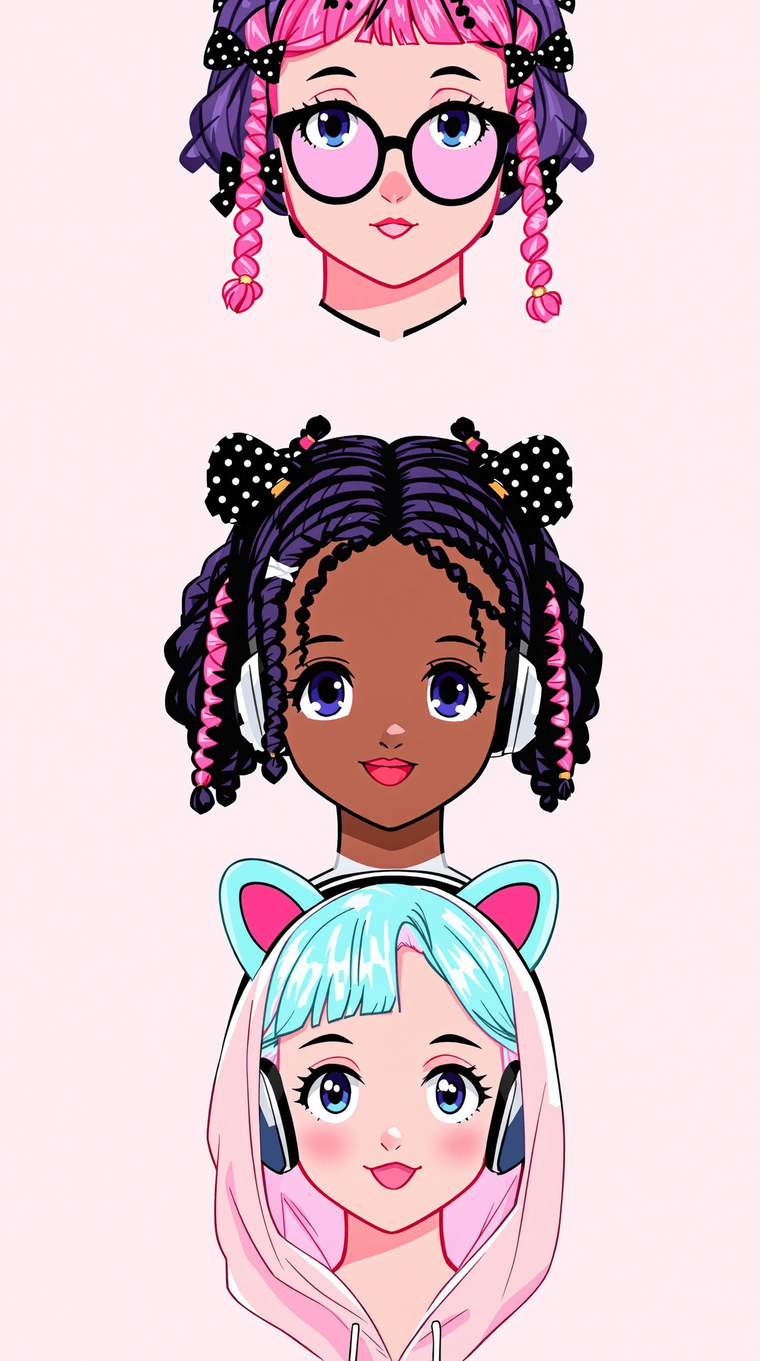 AI generated: 
Four stylized female portraits, vertically arranged against a pale pink background.  Each character...