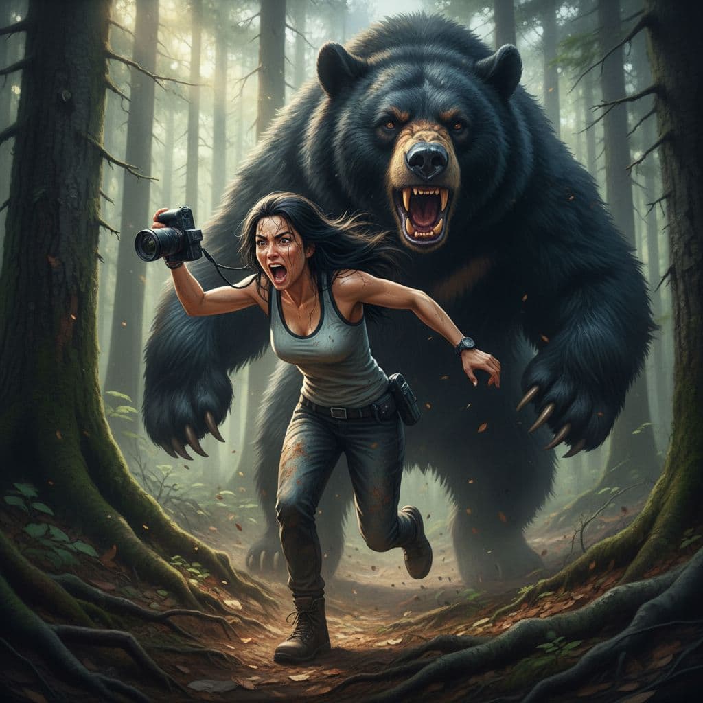 AI generated: A surreal HD 8K image of a black hair woman holding a camera in her hand, taking a picture while run...