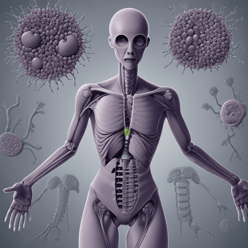 AI generated: All human body with head, legs, hands ans so on and cancer sells in liver. Imun cells eat them

