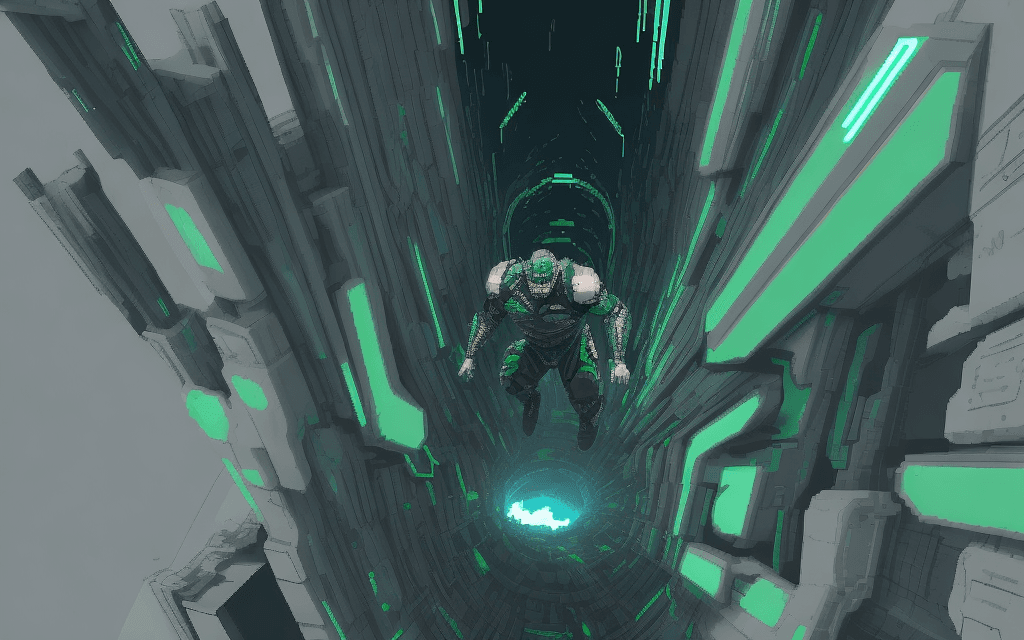 AI generated: brutal man warrior falling into a hole, looking sky, inspired by Mike Winkelmann, futuristic, metall...