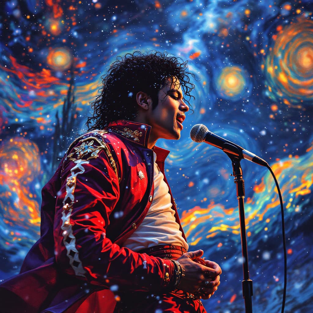 AI generated: Michael Jackson dance and sings into a microphone , high quality, highly detailed, green-red-violet-...