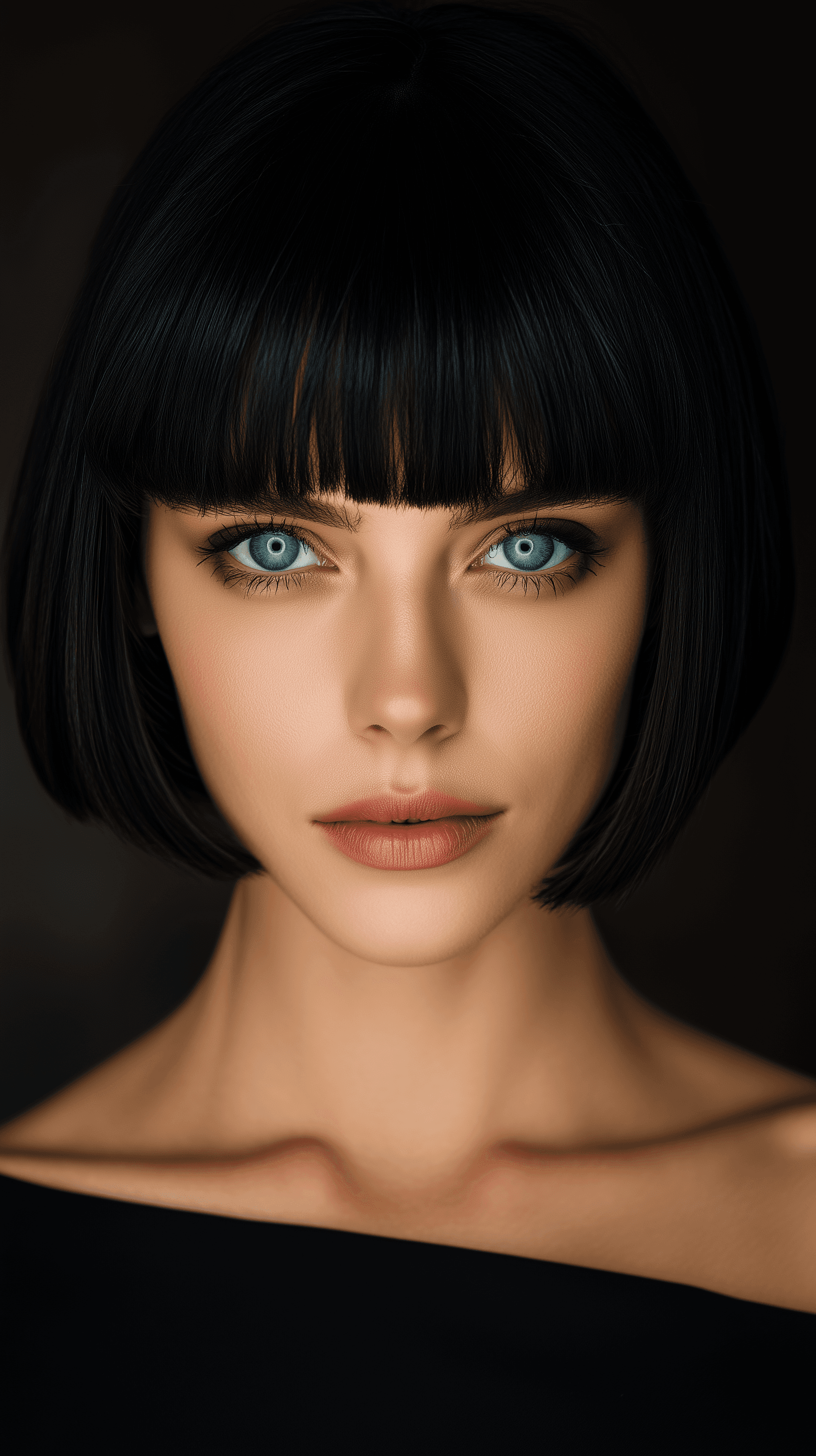 AI generated: photography, front, upper body, woman, bob hairstyle, blue black hair color, light blue eyes, using ...