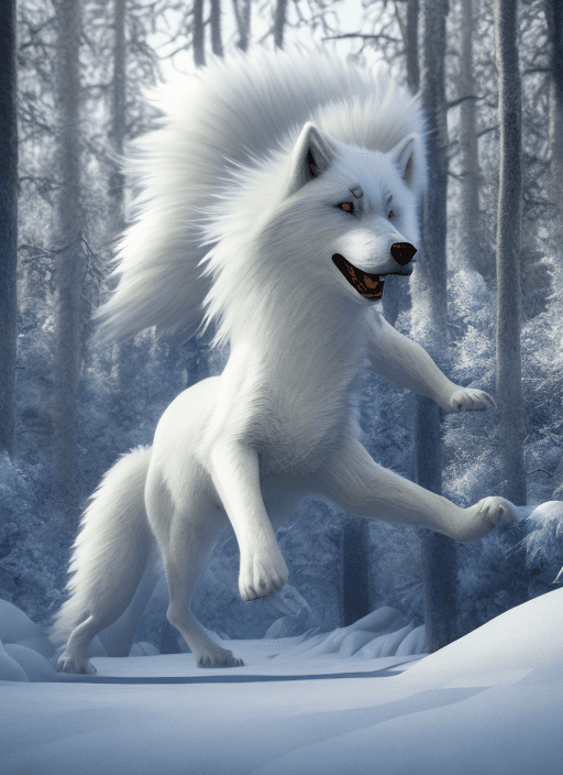 AI generated: surrealistic style rendering of a majestic white dire wolf ready to attack, in forest setting, snowy...
