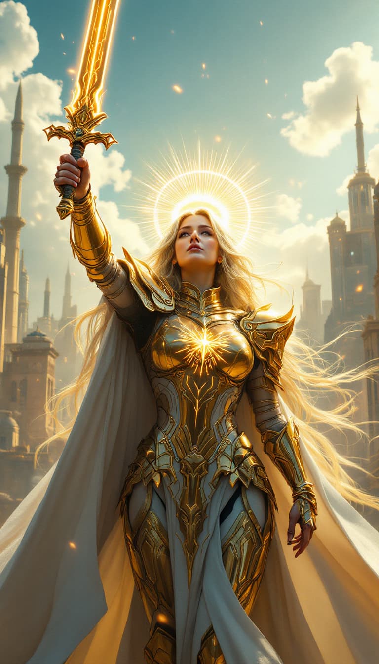 AI generated: A cinematic digital artwork featuring a powerful, female armored figure in a triumphant and commandi...