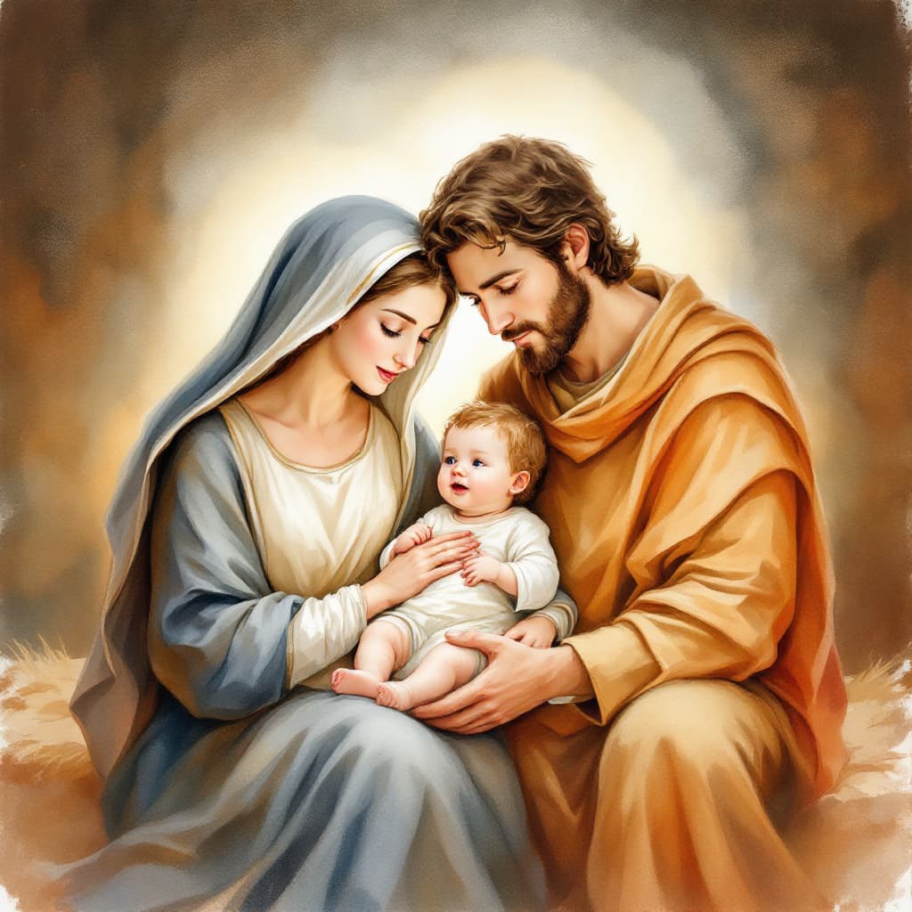 AI generated: A watercolor painting of the Holy Family: Mary, Joseph, and baby Jesus, depicted in a humble, rustic...