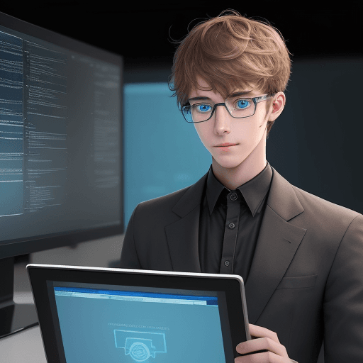 AI generated: A tech-savvy, genius student working on generative AI. He is handsome and has blue eyes. He wears gl...