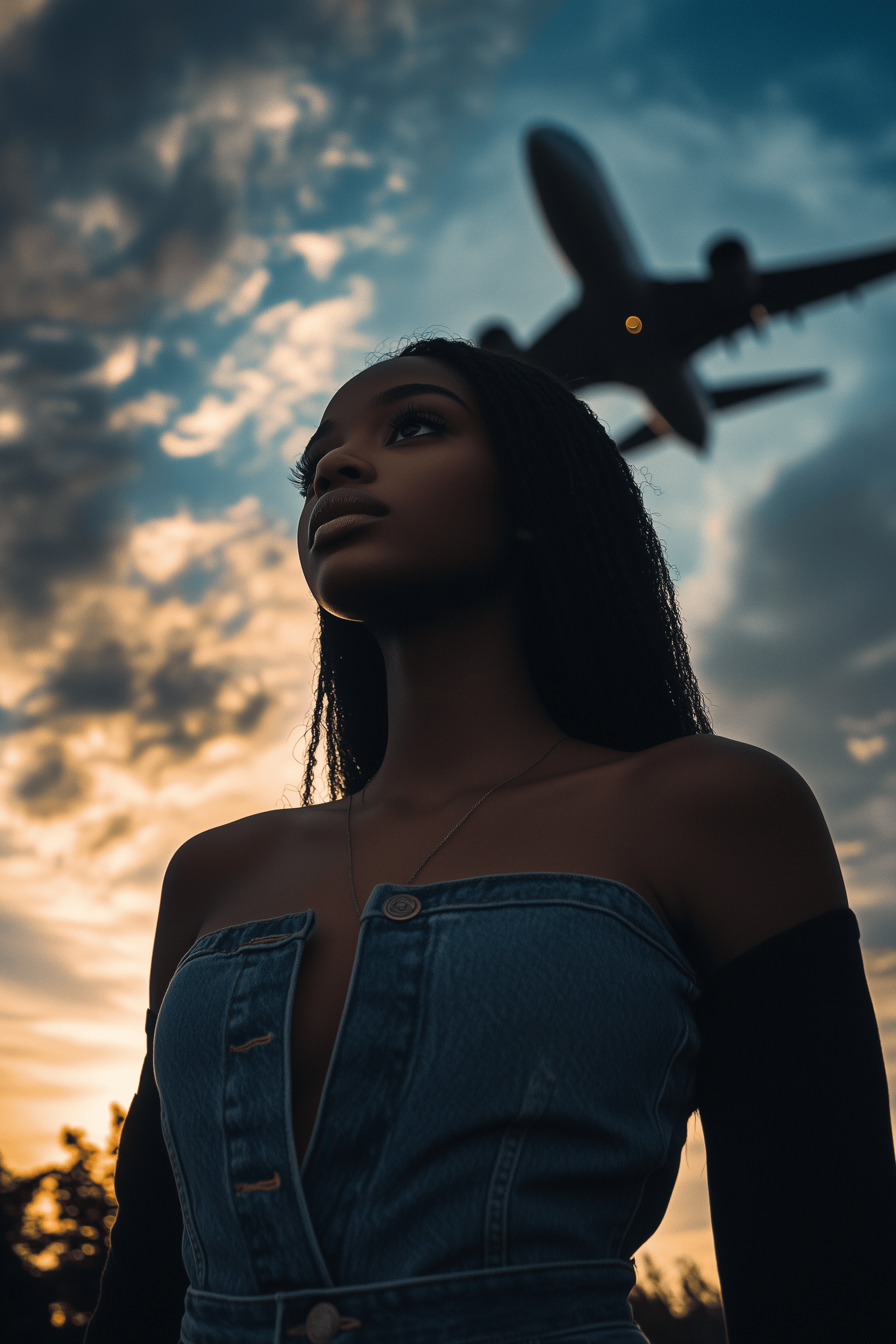 AI generated: A Young Black woman with long braids gazes upward against a vibrant sunset sky. She wears a stylish ...