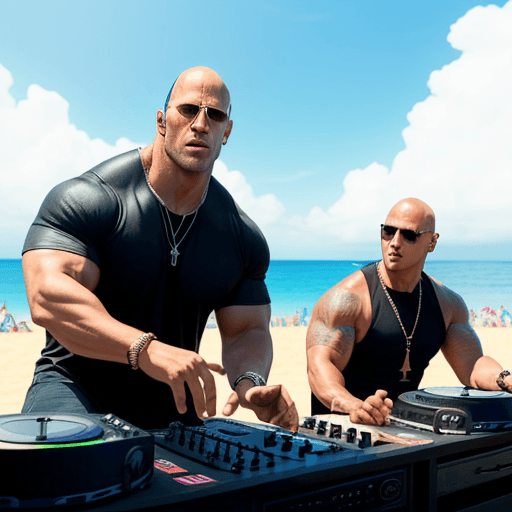 AI generated: Music festival,DJ, Jason Statham and Dwayne Johnson, at the beach, background is the sky, bright, a ...